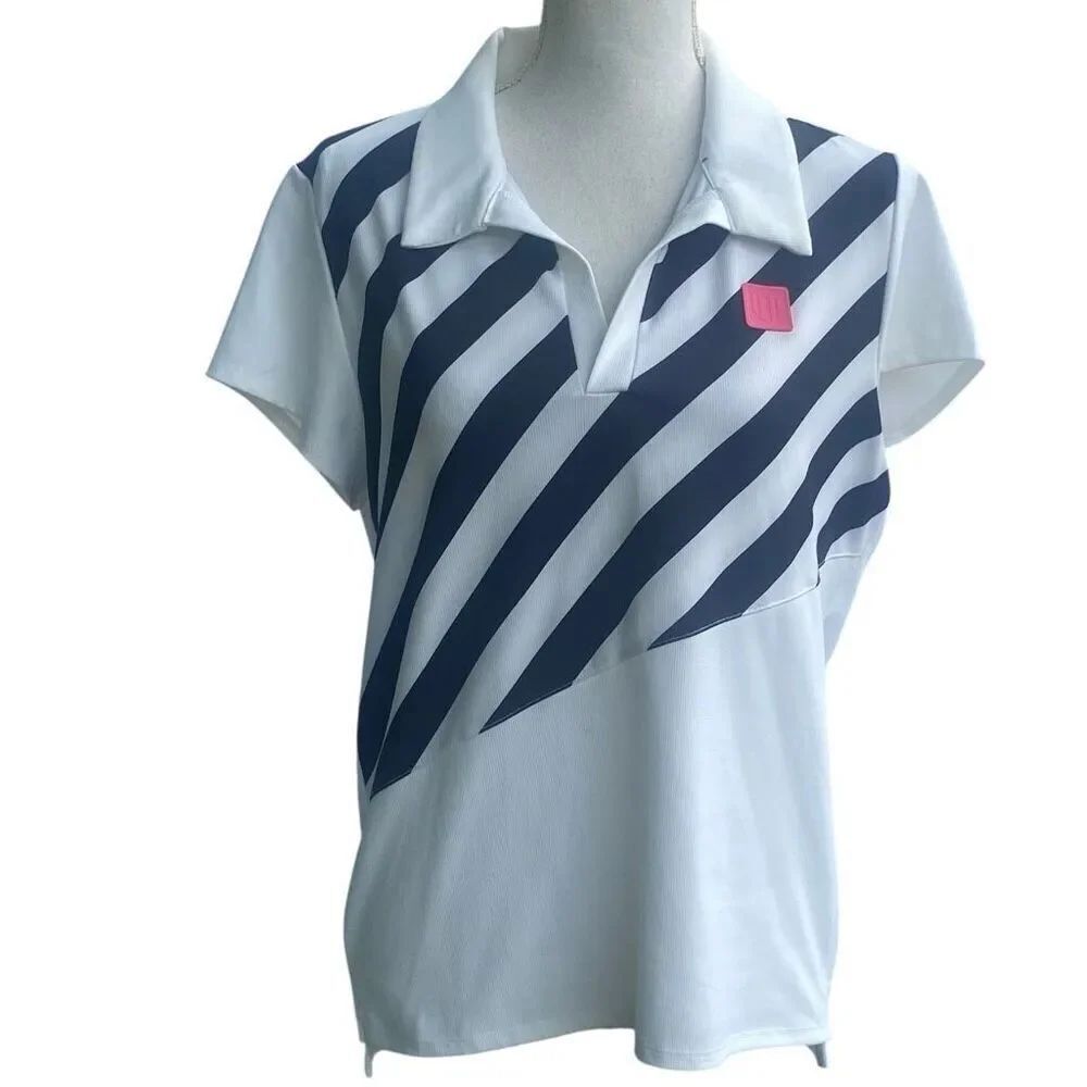 Eleven by Venus Williams Womens White Blue Striped Polo Shirt Large